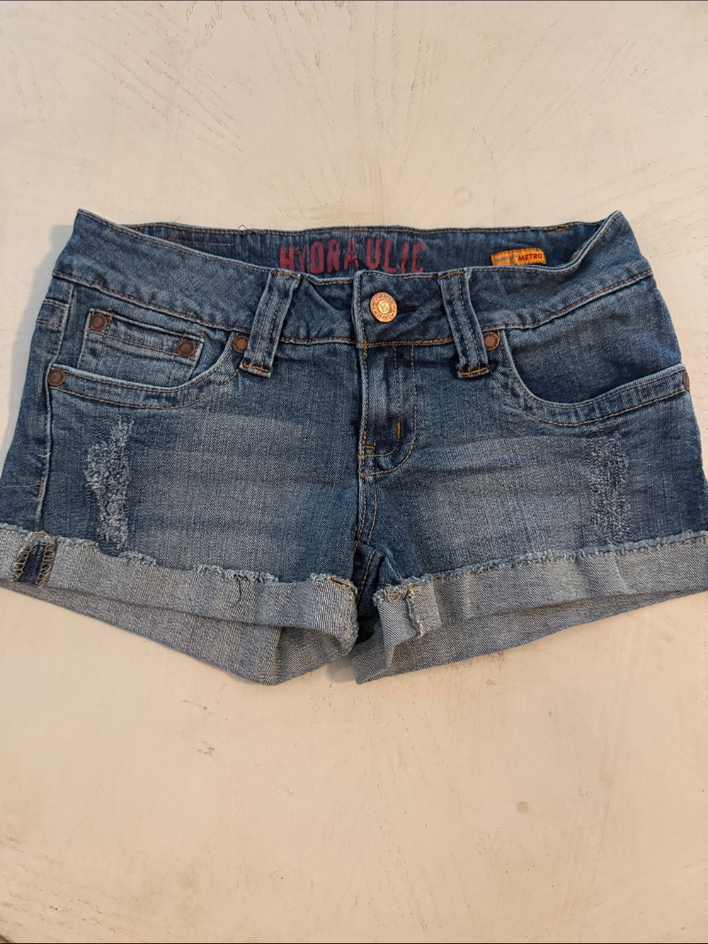 Hydraulic super low metro blue distressed denim shorts size 5/6